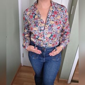 Vintage Retro Multicolor Flora Button Down Top 70s 80s Size Large